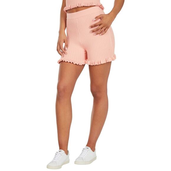 BCBGeneration Apricot Blush Peach Ribbed Knit Ruffled Stretch Shorts Small NWT - Picture 1 of 10